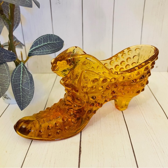 Fenton Art Vintage Fenton Hobnail Amber Glass Shoe With Cat Head